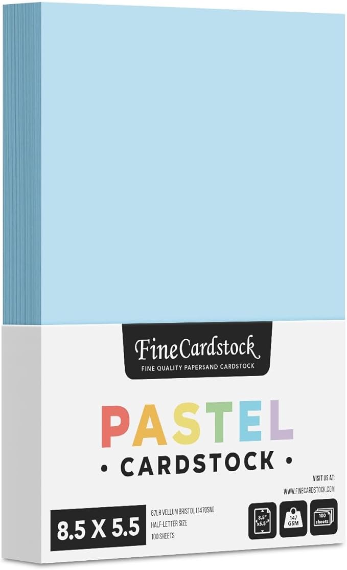 Half Letter Size, 8.5" x 5.5" Pastel Color Cardstock Paper for Arts and Crafts, Scrapbooking, Stationery Printing | Medium Weight 67lb Vellum Bristol (147gsm) Card Stock | 100 Sheets per Pack | Blue