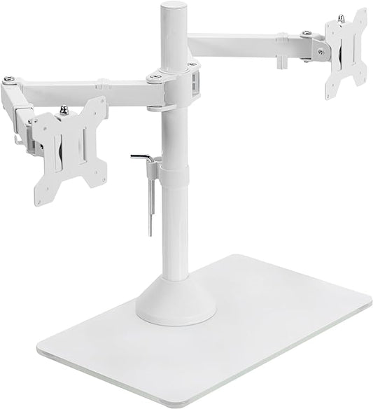 VIVO Freestanding Dual Monitor Stand with Sleek Glass Base and Adjustable Arms, Mounts 2 Screens up to 32 inch and 22 lbs Each, White, STAND-V002FGW