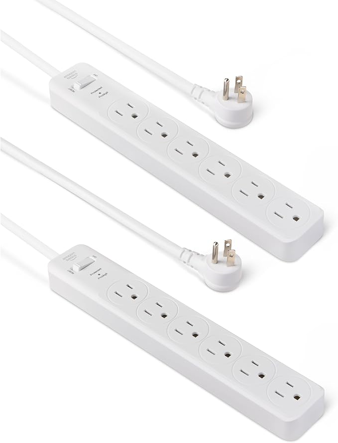 Amazon Basics Rectangle 6-Outlet, 600 Joule Surge Protector Power Strip, 2ft, Small, White, 2-Pack