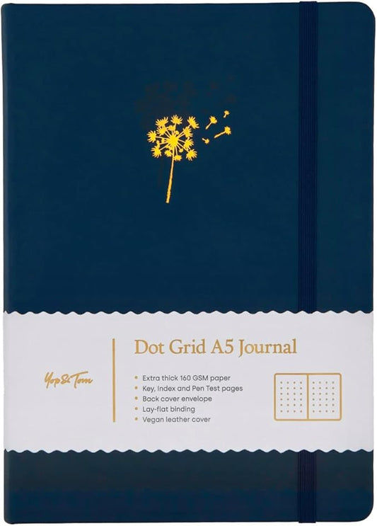 Yop & Tom Bullet Dotted Journal (A5) - Dandelion - Dot Grid Notebook With Extra Thick Paper (160 GSM) - Midnight Blue