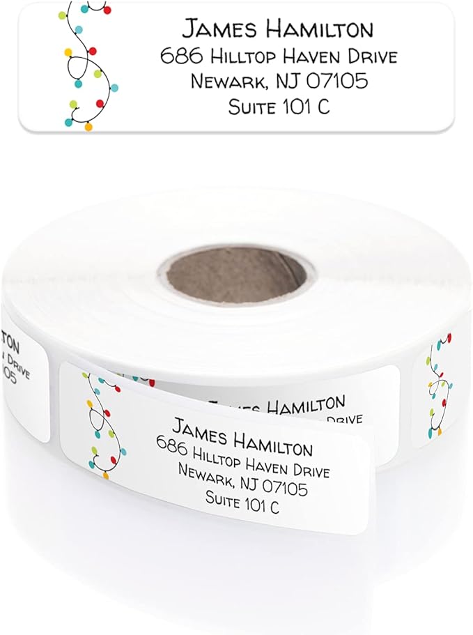 Christmas String Lights Rolled Address Label/Roll of 250 Holiday Personalized Address Labels/Designer Return Address Stickers in Elegant Plastic Dispenser
