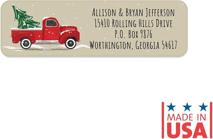 Red Holiday Truck Rolled Address Labels / 500 Personalized Return Address Labels/Designer Address Stickers in Elegant Plastic Dispenser