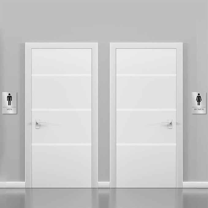 Unisex Bathroom Signs, Restroom Sign For Business - For Men and Women - 2 Pack - 9" by 6" - ADA Compliant with Braille - Strong Double-Sided Adhesives Included - Apply to Office, Home, Public Door/Wall
