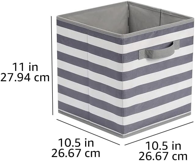 Amazon Basics Cube Organizer Storage Bins Handles, Collapsible Fabric, Pack of 6, 10.5"x10.5"x11", White/ Light Grey Stripe