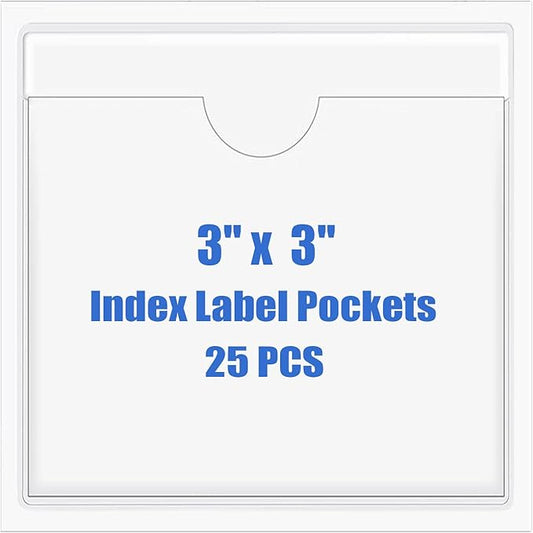 Origin-Joy 25 PCS Self-Adhesive Index Label Pockets, Clear Plastic Peel & Stick Card Holders with Top Open for Loading (3 x 3 inch)