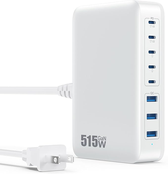 USB C Charger Block 515W[2025 Upgraded] GaN IV 8 Port Fast Charging Station Hub,Dual PD 100W USB C Laptop Charger Compatible with MacBook Pro/Air,iPad,iPhone 16/15,Galaxy S23/S24 Steam Deck Dell XPS