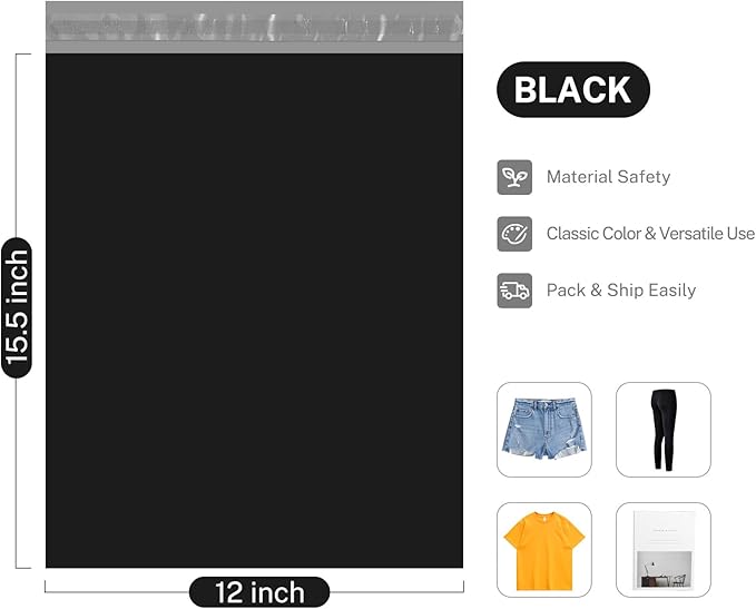 Metronic Poly Mailers 12x15.5 Envelope Mailers 100pack Shipping Bags with Self Adhesive Waterproof and Tear-Proof Postal Bags in Black