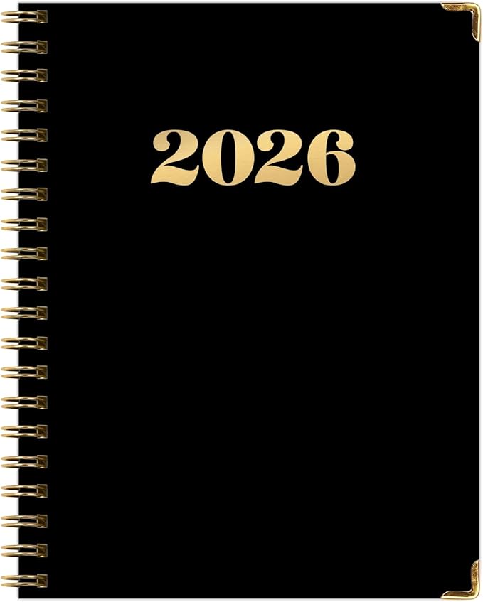 HARDCOVER 2026 Planner, 8.5"x11": 14 Months (November 2025 - December 2026), Daily Weekly Monthly Planner, Yearly Agenda, Bookmark, Pocket Folder and Sticky Note Set (Black Gold Numbers)