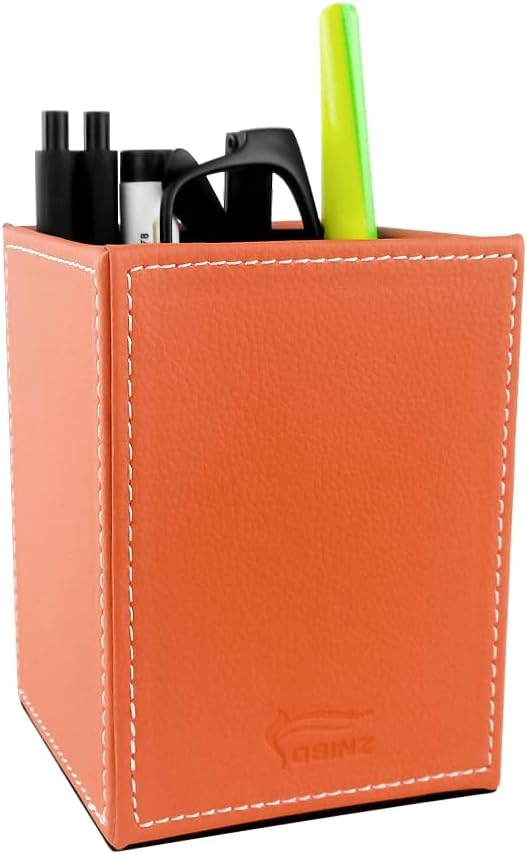 Pen Pencil Holder Cup Container PU Leather Desk Organizer Stand Decor Brush Scissor Holder Decoration Office Desk Home School (Orange, 3.54" x 3.54" x 4.72")