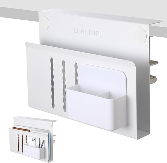 LUKETURE Desk Side Storage, Steel Side Desk Organizer, No Drill Laptop Holder, Clamp on Laptop Mount with Pen Holder, Table Hanging Storage for Home Office, Fits Flat Edge Tables 0.3" to 2.8"