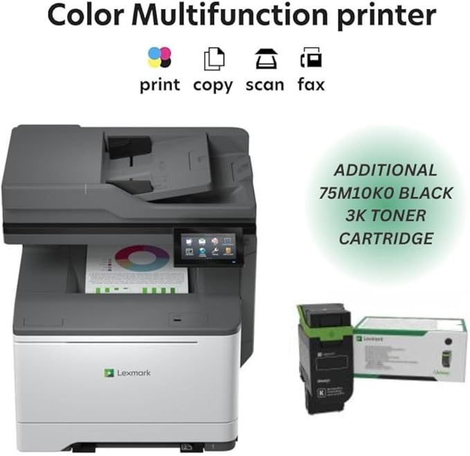 Lexmark CX532adwe Color Laser Wireless All-in-One Printer with Touch Screen, (50M7040) Bundle 75M10K0 Black 3K Yield Toner Cartridge