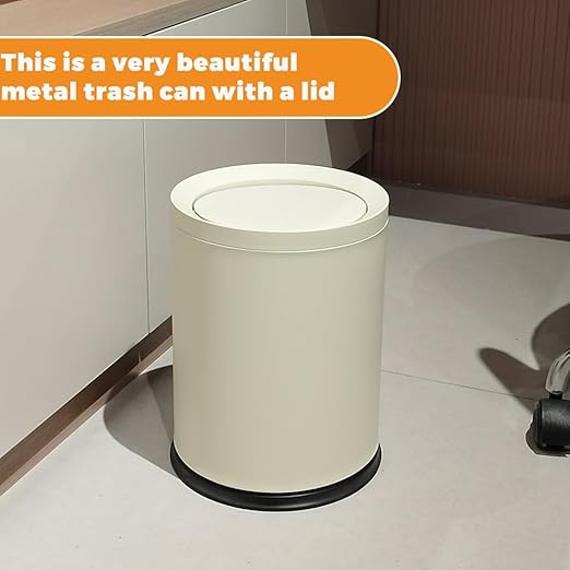 3.17 Gallon/12L Metal Trash Can with Swing Lid, Double Bucket Waste Basket,White,Modern,Elegant Garbage can,for Bathroom,Living Room,Kitchen,Office,Home,Bedroom(12L-White)