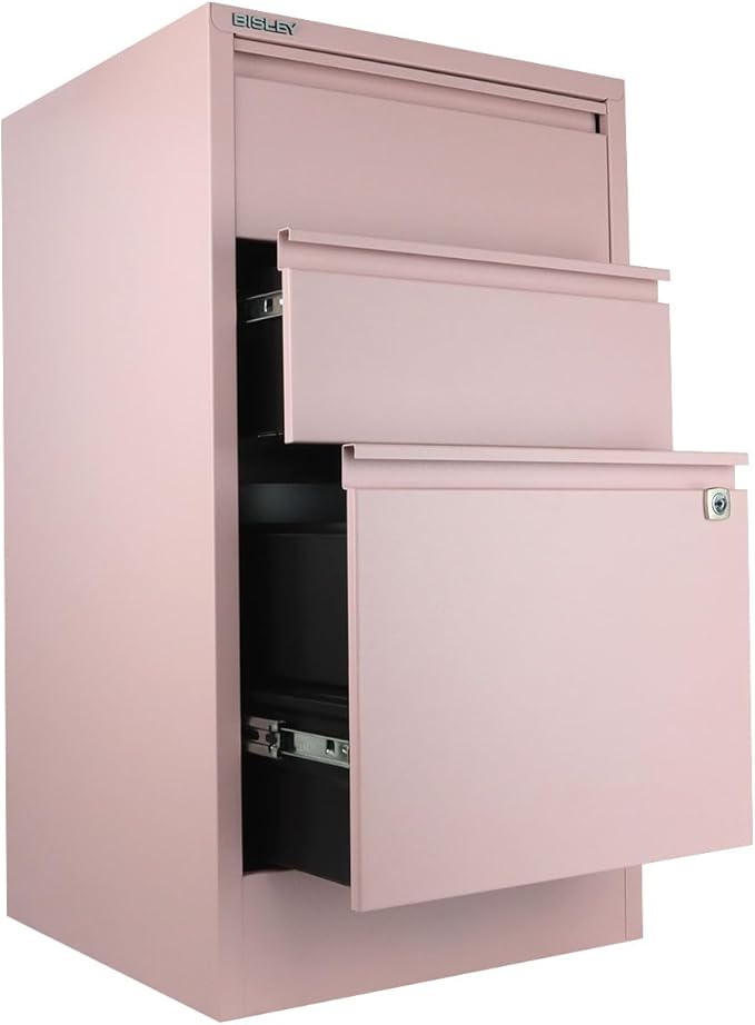 Bisley 3-Drawer Flush Front Vertical File Cabinet - Palest Pink, 2 Utility Drawers + 1 Hanging File Drawer, Powder-Coated Steel, Locking Bottom Drawer