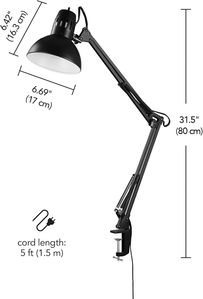 Globe Electric 56963 31.5" Multi-Joint Desk Lamp with Metal Clamp, Black, On/Off Rotary Switch on Shade, Partially Adjustable Swing Arm, Home Essentials, Reading Light, Office Décor