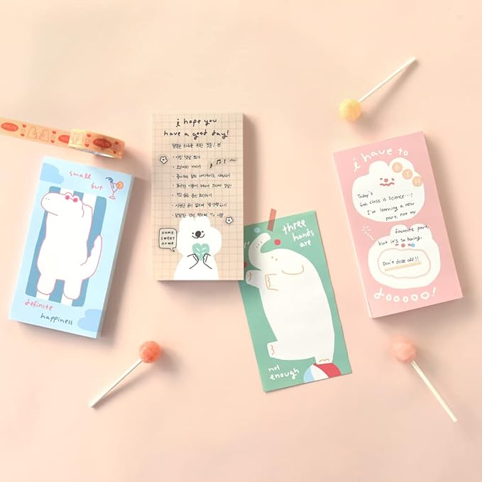 Monolike Memopad Storytown Afternoon B SET - 4 Packs, 4 Different Designs, 80 Sheets Per Pad, Total 320 Sheets, Note pads, Writing pads, 80x148mm