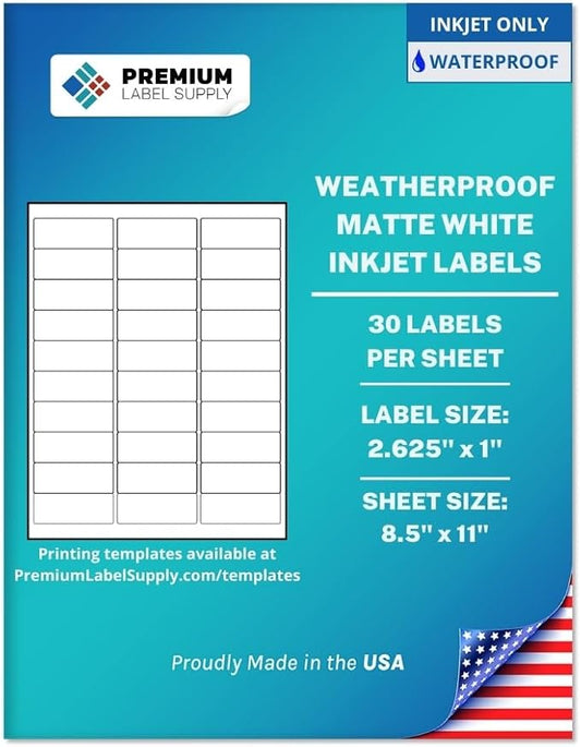 Premium Label Supply Waterproof White Address Sticker Labels – 2.625" x 1" – Inkjet Printers Only – (30 per Sheet), 1000 Sheets - 30,000 Total Adhesive Labels