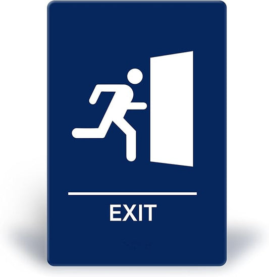 Promot Exit Sign – ADA Braille Exit Sign for Business, Self-Adhesive, 9" x 6", Commercial Door Signage, Office Wall Decor - Blue