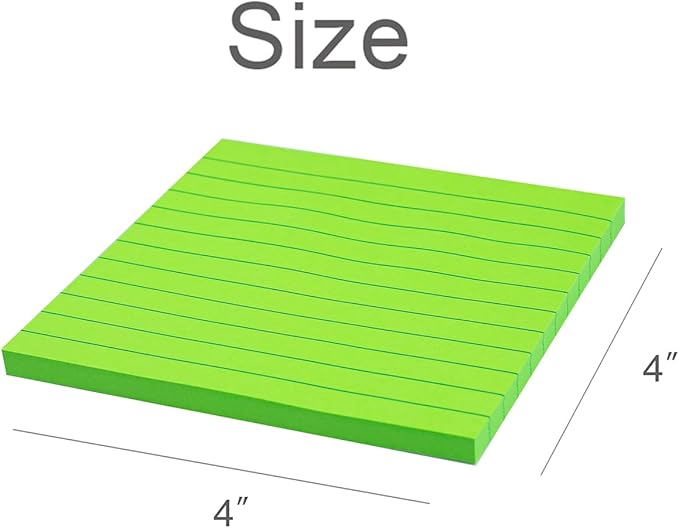 (6 Pads) Lined Sticky Notes 4x4 in, 6 Bright Colors Self-Stick Note Pads, Strong Adhesive, 47 Sheets/Pad