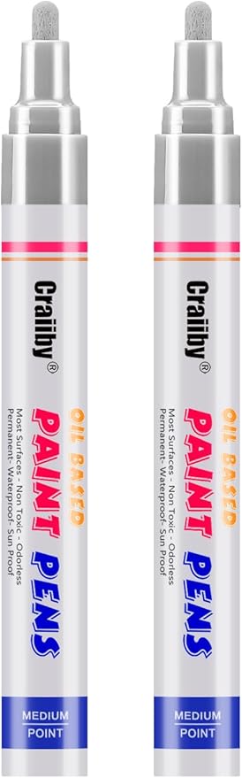 Silver Paint Markers, 2 Pack Oil-Based Waterproof Quick Dry Permanent Paint Pen Set for Rocks Painting, Wood, Fabric, Plastic, Canvas, Glass, Mugs, Metal, Tire, Stone, DIY Craft