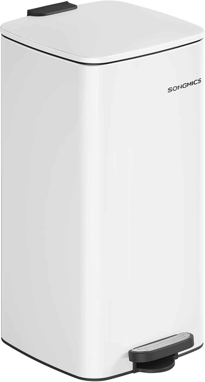 SONGMICS Kitchen Trash Can, 8-Gallon (30 L) Trash Bin, Stainless Steel Garbage Can, with Inner Bucket, Soft Close and Stays Open, Cloud White ULTB593W01