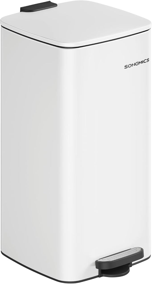 SONGMICS Kitchen Trash Can, 8-Gallon (30 L) Trash Bin, Stainless Steel Garbage Can, with Inner Bucket, Soft Close and Stays Open, Cloud White ULTB593W01