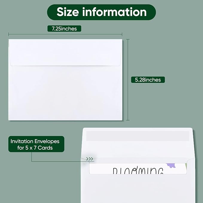 50 Packs 5x7 Envelopes, A7 Envelopes for Invitation, White Printable for Self-seal,Greeting Cards, Invitations, Photos, Weddings, Mailing