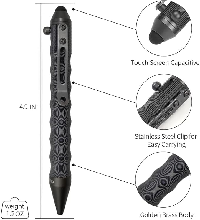 Cool Hand 4.5'' EDC Ballpoint Ink Refillable Bolt Action Tactical Pens Stylus for Touch Screen, Ergonomic Grip, Hold in Texture with Finger Grooves