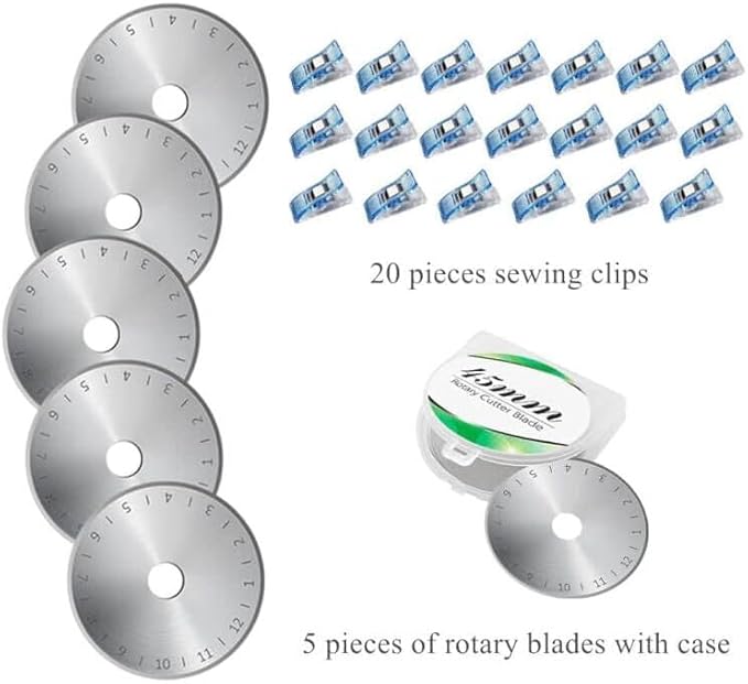 Rotary Cutter Set - Quilting Kit incl. 45mm Fabric Cutter, 5 Replacement Blades, A1 Cutting Mat, Acrylic Quilting Ruler and Sewing Clips, Craft Knife Set, Ideal for Crafting, Sewing, Patchworking