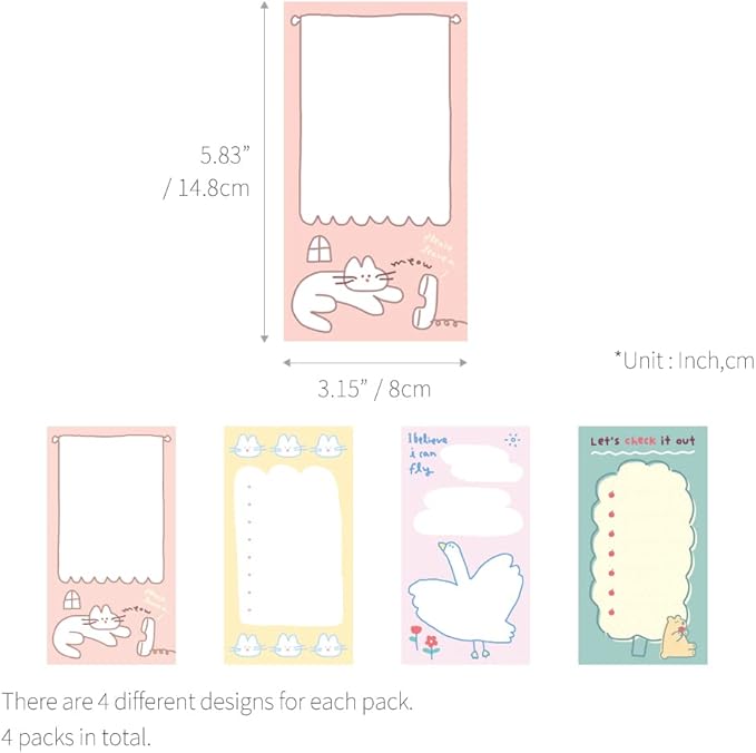 Monolike Memopad Storytown Afternoon A SET - 4 Packs, 4 Different Designs, 80 Sheets Per Pad, Total 320 Sheets, Note pads, Writing pads, 80x148mm