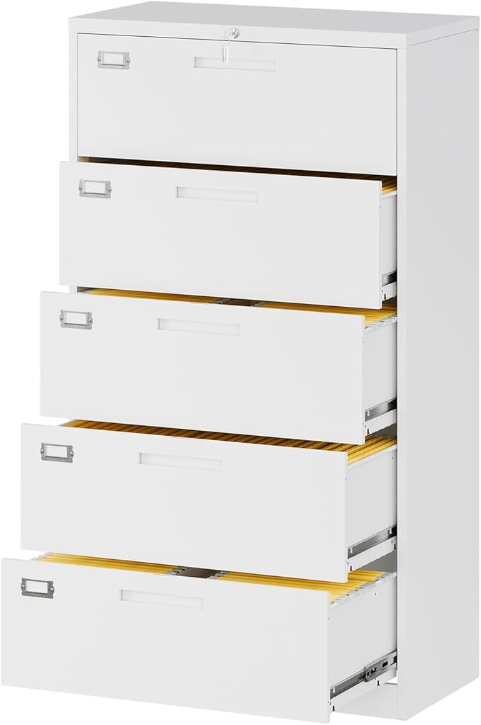 Lateral File Cabinet with 5 Drawers - White Metal Steel Filling Cabinets for Home Office - Lockable Storage Cabinet for Hanging Files Letter/Legal/F4/A4 Size-Assembly Required