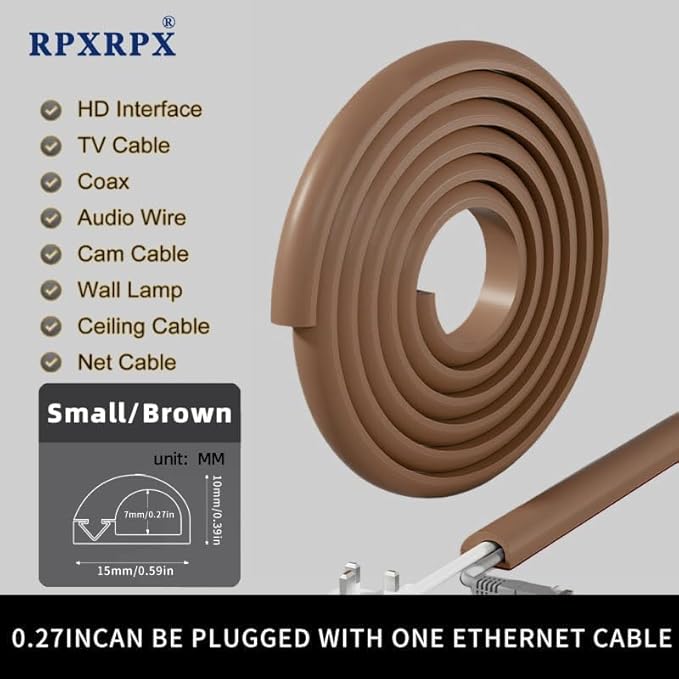 RPXRPXSide Open One Cord Cable Raceway Wire Cover for Cords, Our Cable Track is Best Suited for one Wire (Diameter <0.27"),Wire Raceway Management Cable Concealer Channel (Brown, 39in)