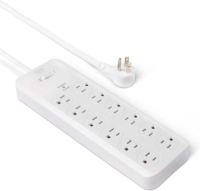 Amazon Basics Surge Protector Power Strip, 12-Outlet, 4000 Joules, 8ft Extension Cord, Rectangle, for Home, Office, Gaming Room, White