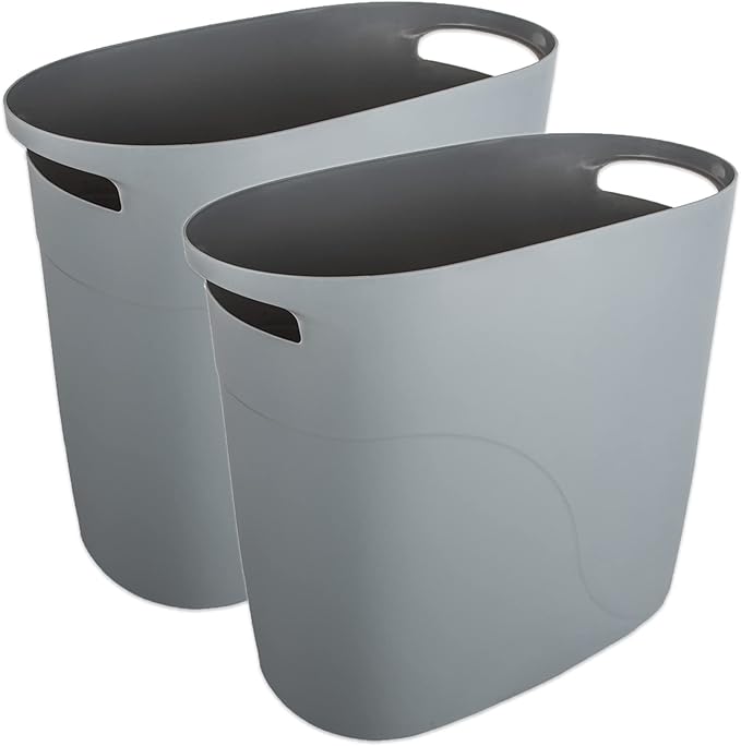 Plastic Small Trash Can Slim Waste Basket with Handles 3.2 Gallon Narrow Garbage Container Bin for Bathroom, Bedroom, Kitchen, Home Office Under Desk, Dorm, Laundry Room, Kids Room, Grey 2 Pack