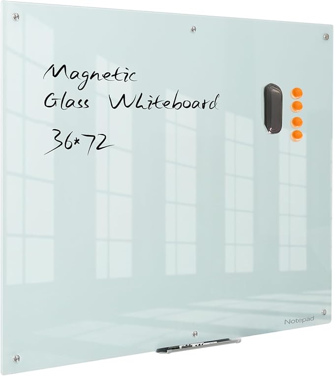 Notepad Glass Whiteboard 36 * 72Inches Magnetic Wall Mounted Frameless Glass White Board for Office, Home & School