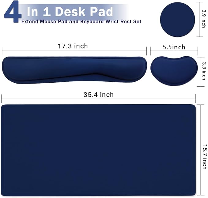 Large Keyboard Mouse Pad Set, Extended Mouse Pad+Keyboard Wrist Rest Support, Memory Foam Ergonomic Easy Typing, 4Pcs (35.4×15.13 in) Desk Pad Set for Home Office Study Game - Dark Blue