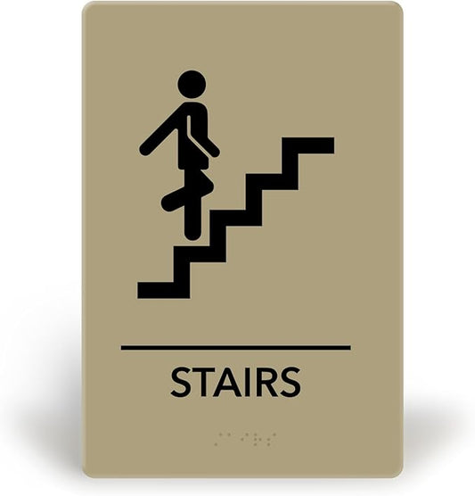 Promot Stair Sign – ADA Braille Stairway Sign for Business, Self-Adhesive, 9" x 6", Commercial Door Signage, Office Wall Decor - Taupe