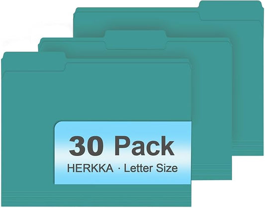 File Folder, HERKKA 30 Pack 1/3 Cut Tab File Folders, File Folders Great for Organizing and Filing, Letter Size, Turquoise