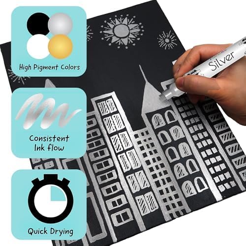4 Acrylic Metallic Silver Paint Pen (Dual Tip) - Fine Tip & Medium, Acrylic Paint Markers - Silver Metallic Marker for Rock Painting, Canvas, Wood, Glass, Fabric, Metal and Plastic - Water-based Ink