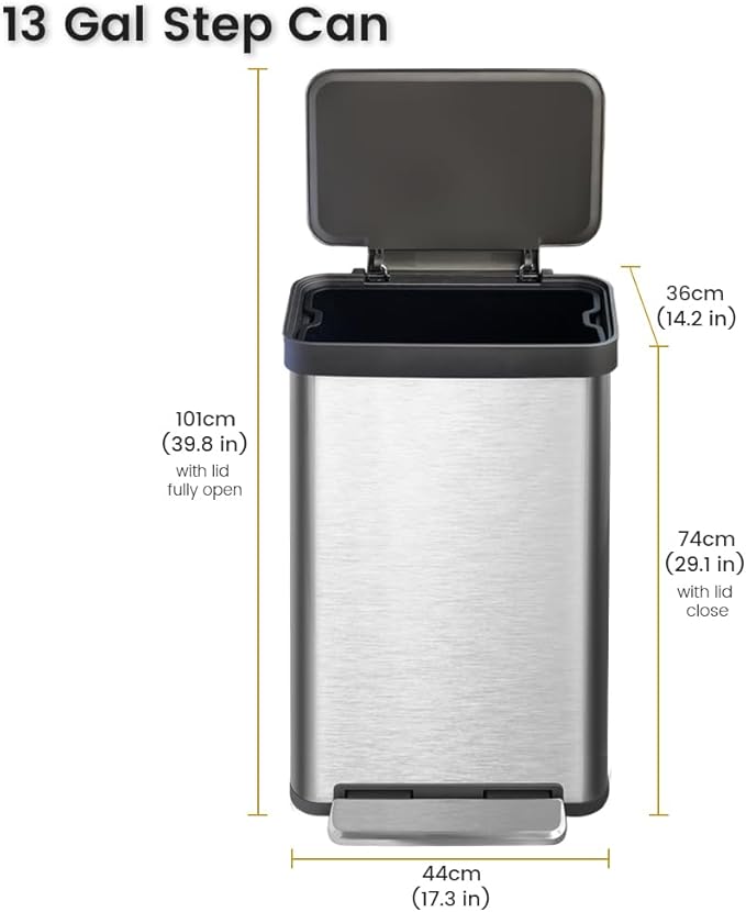 50 Liter / 13 Gallon Trash Can, Fingerprint Proof Stainless Steel Kitchen Trash Can with Removable Inner Bucket, Step Trash Bin for Home Offices and Public Areas