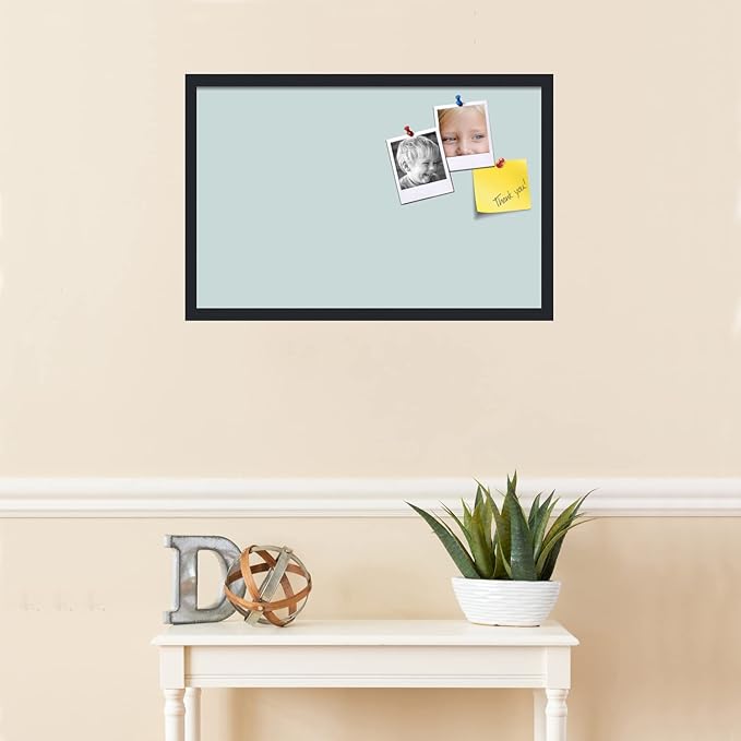 PinPix 28x18 Inch Cork Bulletin Board. This Decorative Framed Pin Board Comes with Soft Blue Design and a Satin Black Frame. Ideal for Home Office Decor or Message Board (PinPix-1814)