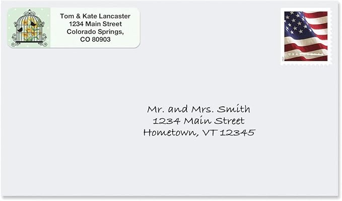 Birdcages Rolled Personalized Return Address Mailing Labels with Dispense, Set of 250, 5 Designs, Small ¾ x 2½ Inch Size, Custom Self-Adhesive Sticker Roll, by Colorful Images