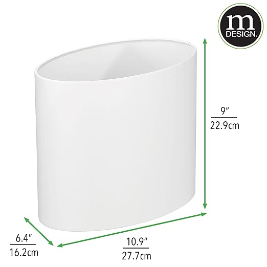mDesign Stainless Steel Metal Oval Trash Can, 7.9 Liter/2.09 Gallon Wastebasket, Garbage Basket Bin for Bathroom, Bedroom, Kitchen, Home Office, Holds Waste and Recycle, Mirri Collection, White
