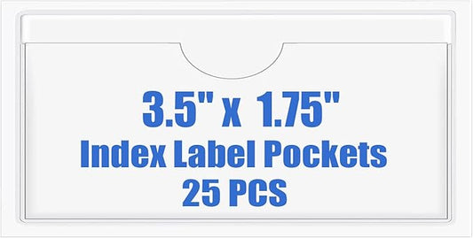 Origin-Joy 25 PCS Self-Adhesive Index Label Pockets, Clear Plastic Peel & Stick Card Holders with Top Open for Loading (3.5 x 1.75 inch)