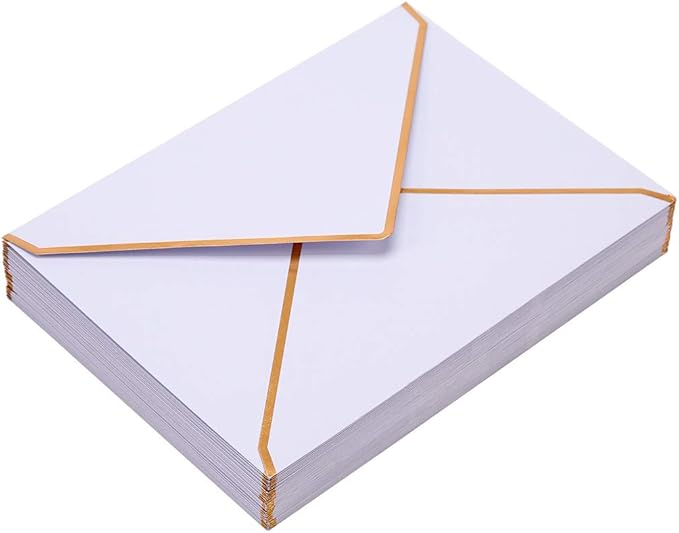 100 Pack White A7 Envelopes 5 x 7 Card Envelopes V Flap with Gold Border for Office, Wedding Gift Cards, Invitations, Graduation, Baby Shower, Parties (5.32 x 7.28 Inches, White)
