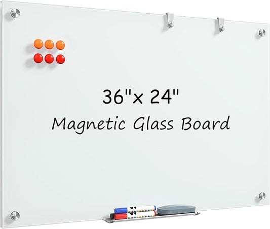 MaxGear Glass White Board 36x24 Inches, Wall Mounted Magnetic Glass Dry Erase Board, Large Frameless Whiteboard with 1 Eraser,3 Markers and 6 Magnets for Office, School, Home