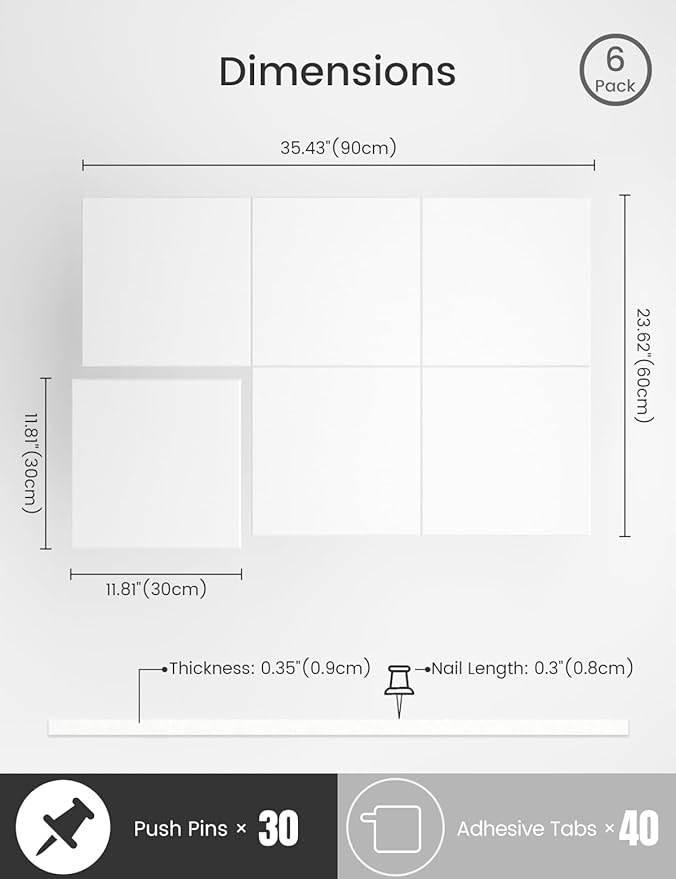 Bumusty Large Cork Board 36"x24" Alternative - 6 Pack Felt Wall Tiles with 40 Safe Removable Adhesive Tabs, 30 Pushpins, Cork Boards for Walls Pin Board Bulletin Board Office Decor (Milky White)