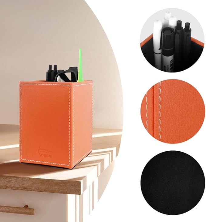 Pen Pencil Holder Cup Container PU Leather Desk Organizer Stand Decor Brush Scissor Holder Decoration Office Desk Home School (Orange, 3.54" x 3.54" x 4.72")