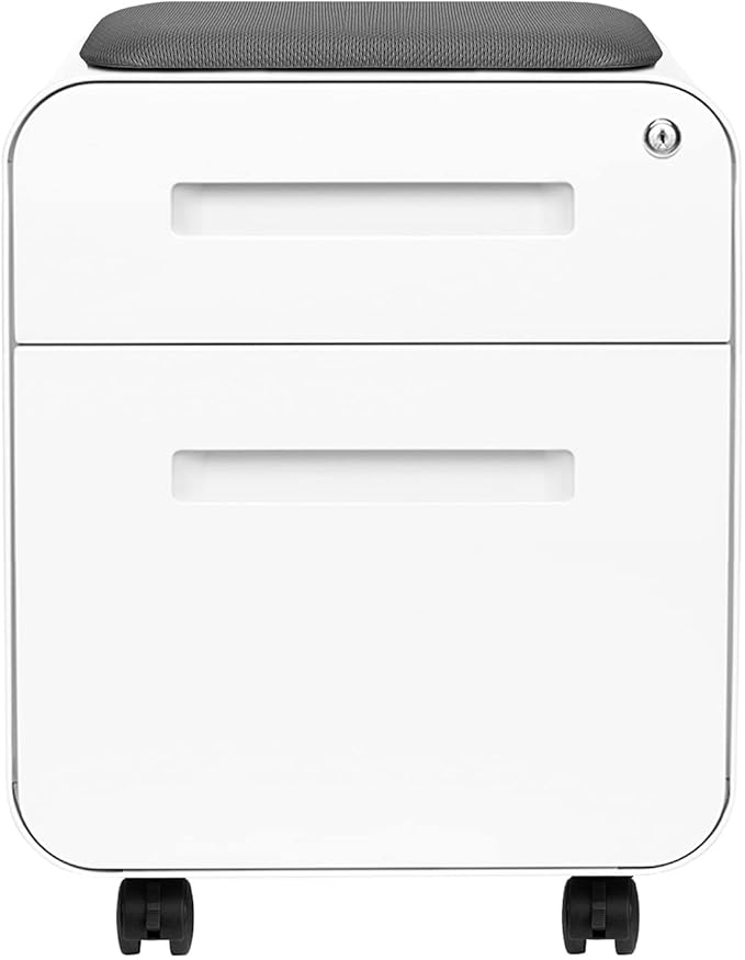 Laura Davidson Furniture STOCKPILE Mini Seated 2 Drawer Mobile File Cabinet with Removable Magnetic Cushion Seat - Short Version, Metal Filing Cabinet, Pre-Assembled, White with Grey Cushion