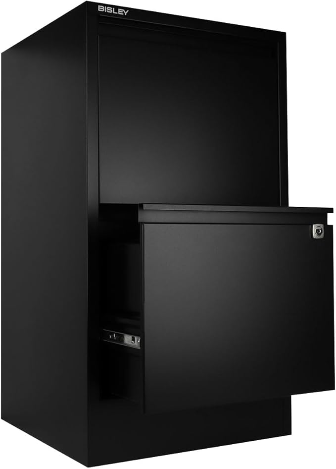 Bisley 2-Drawer Flush Front Vertical File Cabinet - Black, 2 Hanging File Drawers, Powder-Coated Steel, Locking Drawers