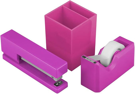 JAM PAPER Desk Trio Pack - Pink Fuchsia - Stapler, Tape Dispenser & Pen Holder - 3/Pack